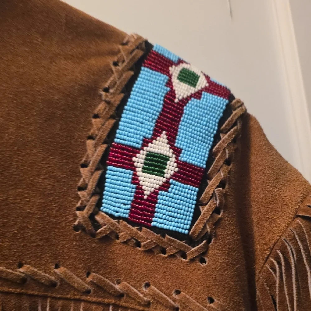 Embroidered Brown Leather Jacket with Blue Details - Picture 4 of 13